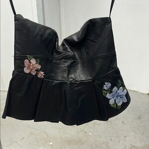 Black Leather Peplum Top with Floral Embroidery